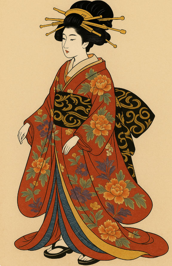 에도시대 오이란이 입었던 기모노 사진