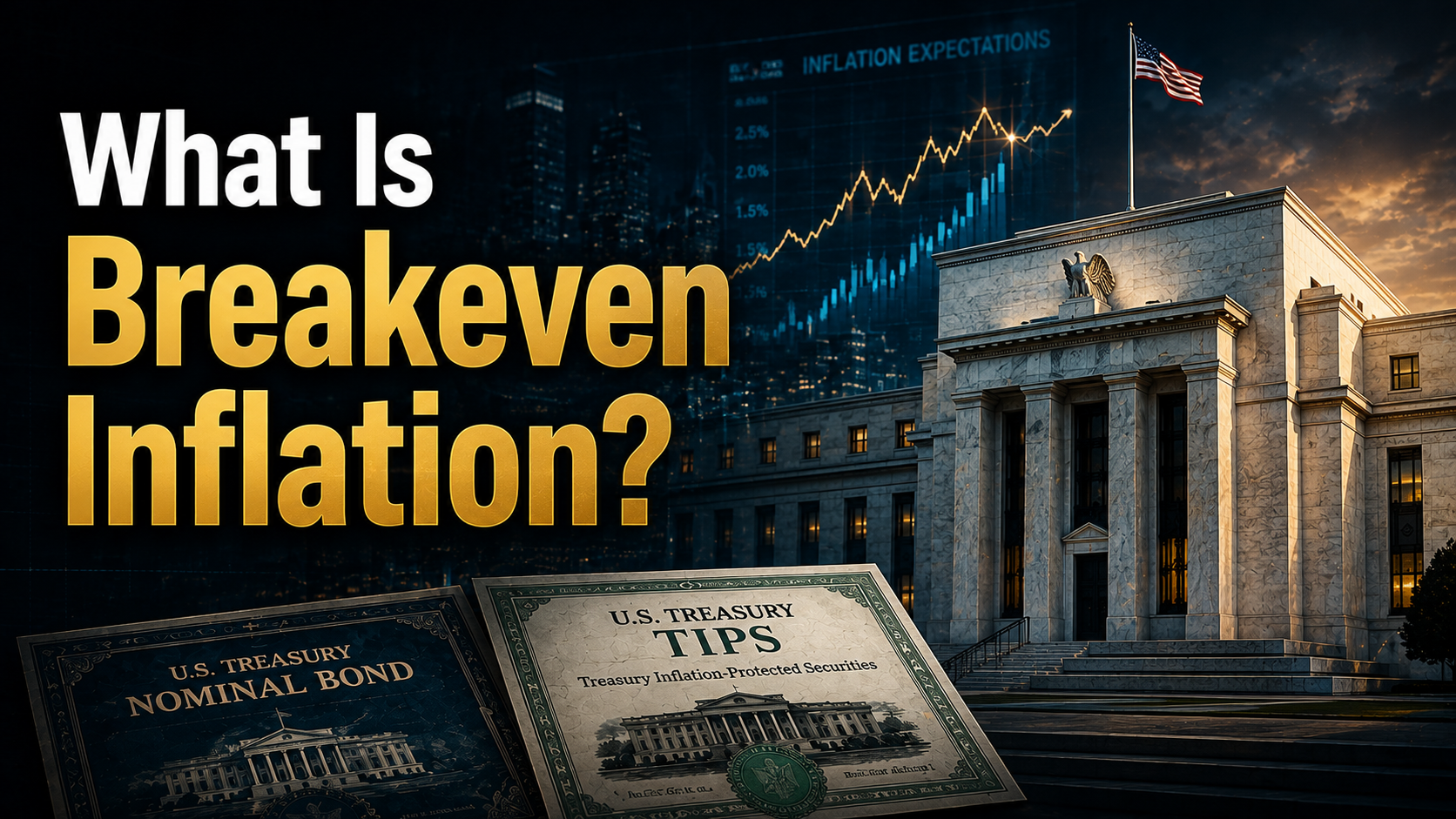 Breakeven Inflation (BEI) concept illustrated with the Federal Reserve, U.S. Treasury bonds, and inflation expectation charts.