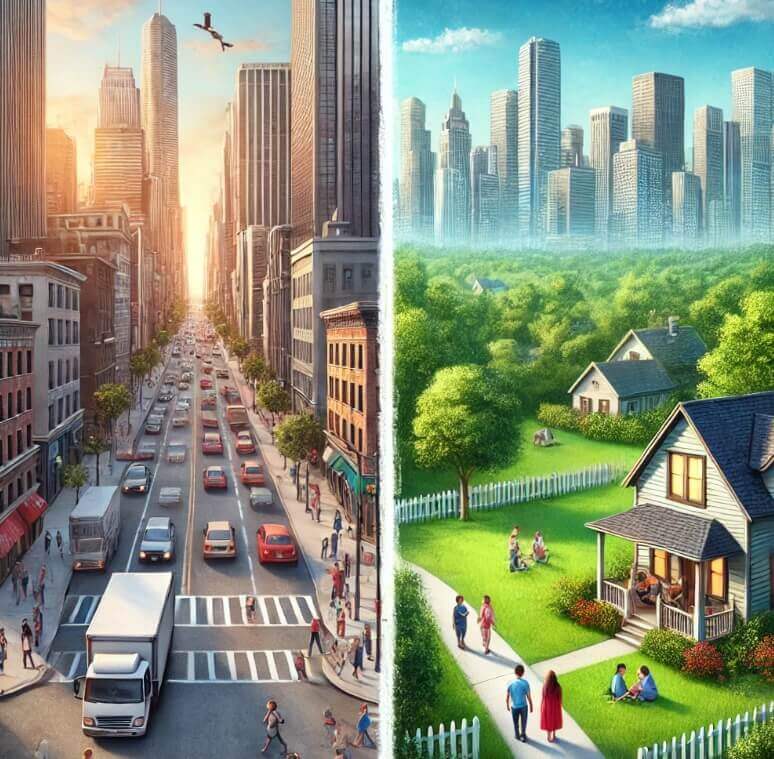 도시의 도로 모습과 지방 교회의 정원이 있는 집