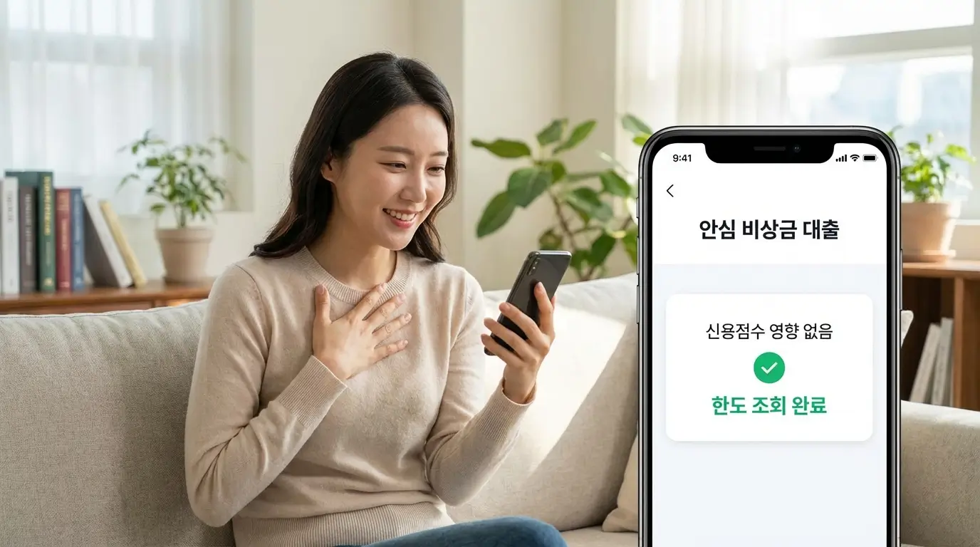 스마트폰 대출 비교 플랫폼을 통해 신용 등급 하락 없이 합법적인 안심 비상금 대출 한도를 가조회하고 안도하는 소비자의 모습