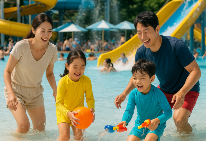 워터파크에서 아이들과 즐겁게 놀고 있는 부모 모습