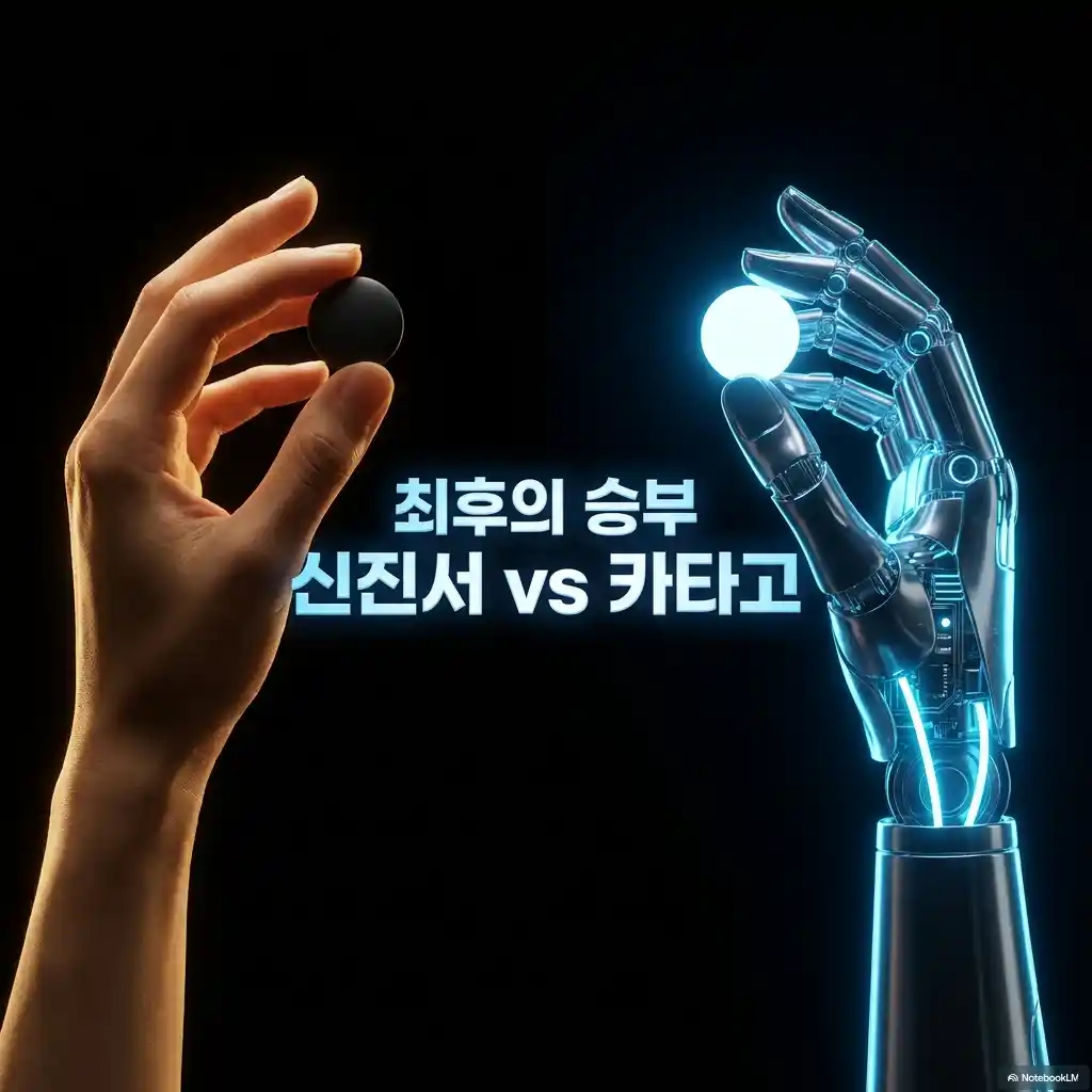 신진서와 AI 카타고의 최종 승부를 상징하는 바둑돌과 로봇 손 이미지