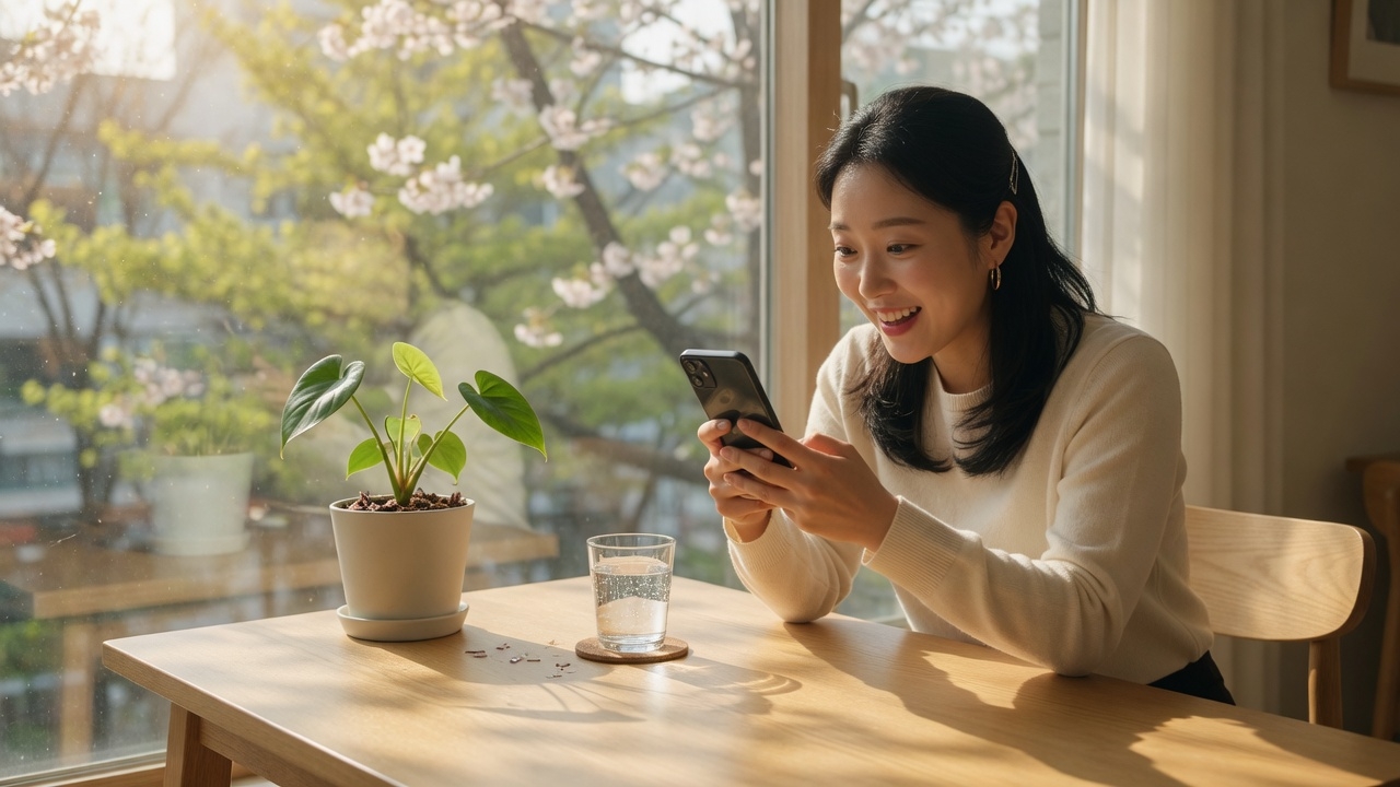 2026년 통신비 미환급금을 스마트폰으로 확인하며 기뻐하는 한국인의 실사 이미지