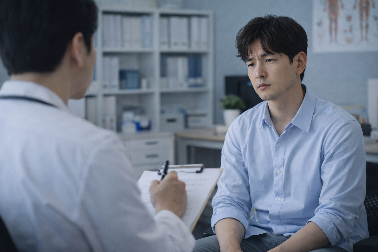 잠의 불편함을 이유로 의료진과 마주 앉아 상담을 진행하는 성인 남성의 모습