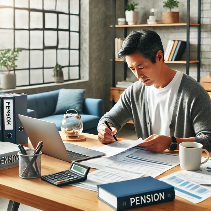 홈 오피스에서 집중적으로 연금 관리를 하는 모습