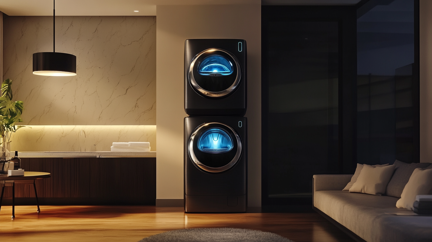 삼성 워시타워의 우아한 색상과 고급스러운 마감으로 장식된 모던하고 미니멀한 디자인, 스타일리시한 현대적 거실에 배치된 이미지입니다.