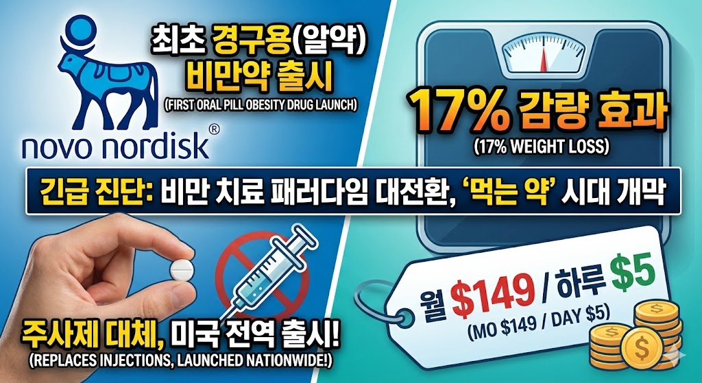 노보 노디스크의 먹는 비만 치료제 출시 소식과 17% 감량 효과 및 월 149달러 가격 정보를 요약한 정보성 블로그 썸네일 이미