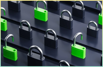 어두운 배경 위에 녹색과 회색 자물쇠가 줄지어 있고, 자물쇠가 열리고 닫히는 메커니즘이 보이는 사진. 보안과 취약성의 개념. 3D 렌더링
