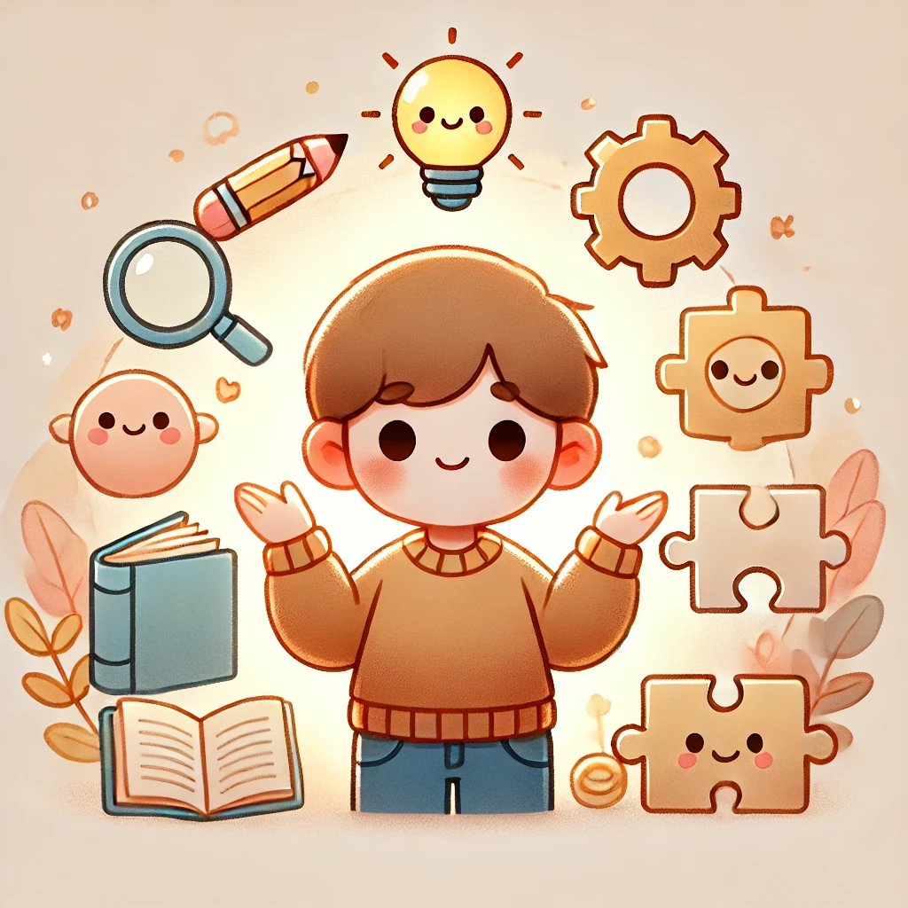 귀여운 남자아이가 생각하고 있는 것을 표현하는 일러스트 그림