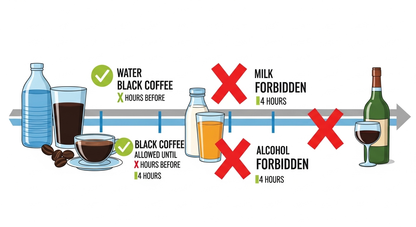 위내시경 전 금지되는 액체류와 허용되는 액체류를 시각적으로 보여주는 인포그래픽. 물, 커피, 우유, 주스, 술의 금식 기준.