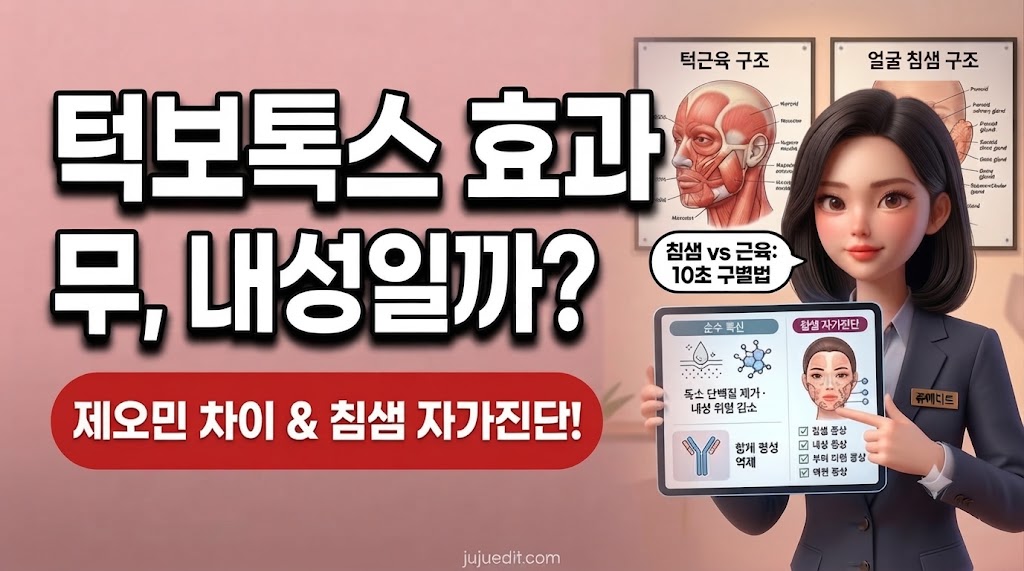 턱보톡스 효과가 없을 때 내성과 침샘 비대증을 구별하고 자가진단하는 방법을 설명하는 쥬에디트 인포그래픽 요약 이미지
