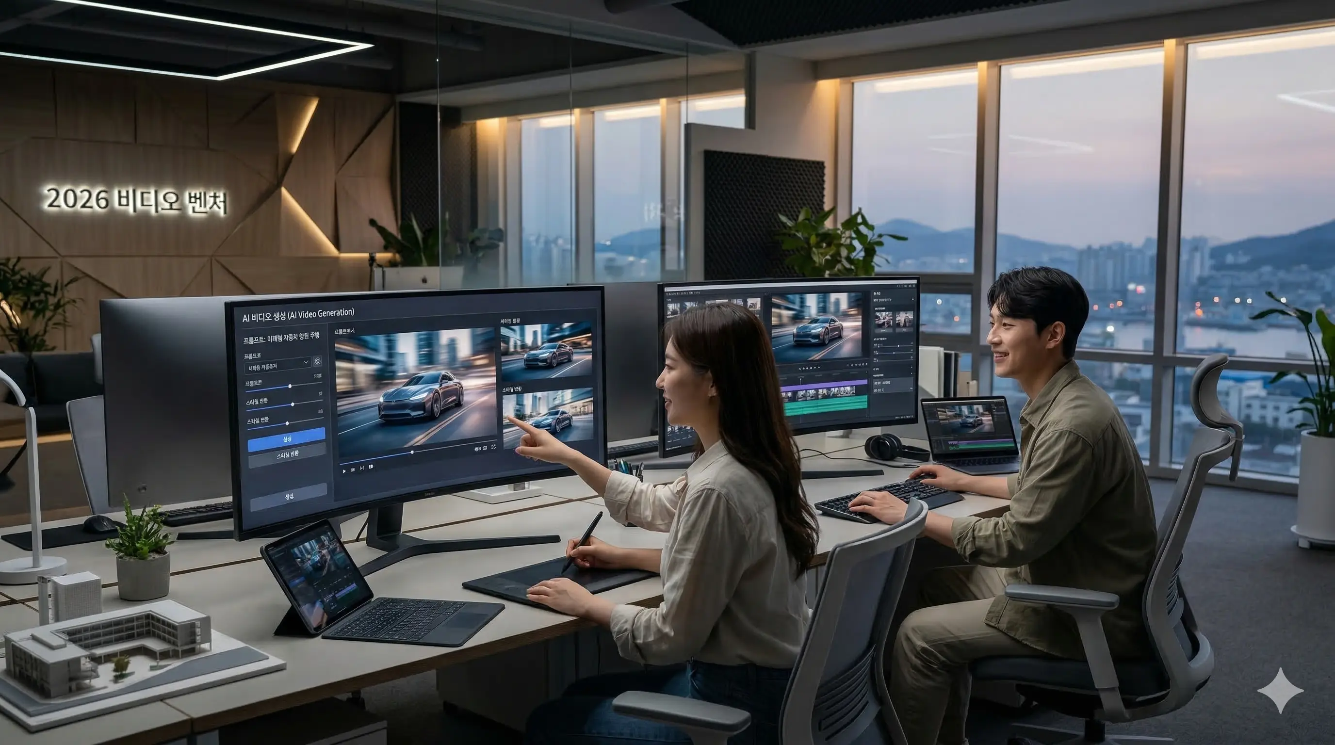 Kling AI 팀 플랜을 사용하여 협업하는 전문 크리에이티브 스튜디오 모습