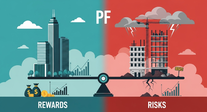 부동산 PF의 높은 수익성과 잠재적 위험성을 동시에 상징하는 이미지. 성공적인 고층 빌딩과 실패한 공사 현장을 대비시켜 보여줍니다.