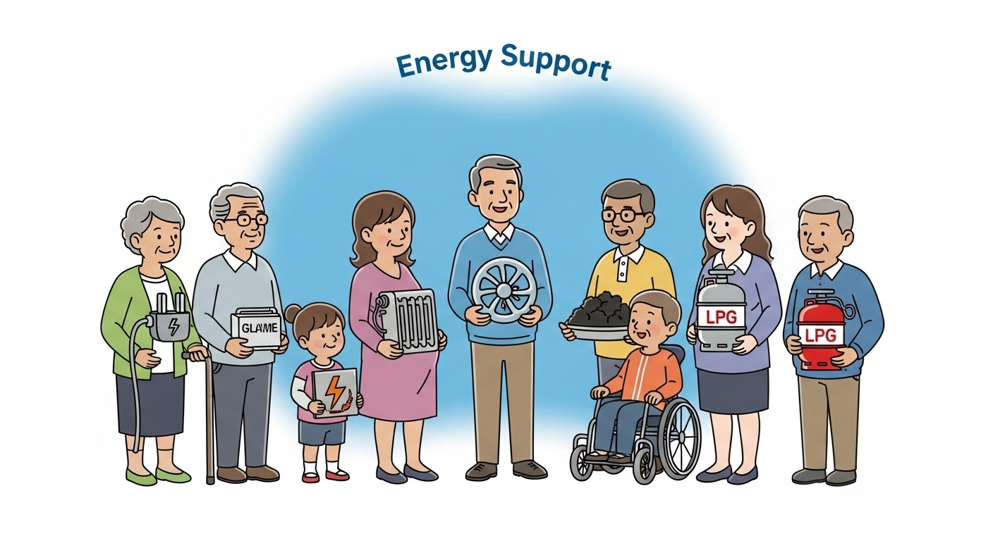 노인, 아이, 임산부, 장애인 등 다양한 사람들이 에너지원 아이콘을 들고 따뜻한 에너지를 상징하는 빛을 향해 미소 짓는 모습.