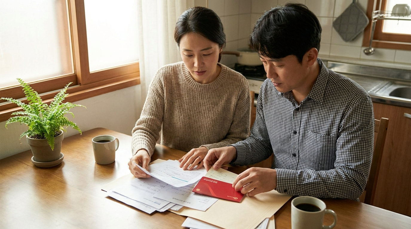 서류 봉투를 정리하는 부부