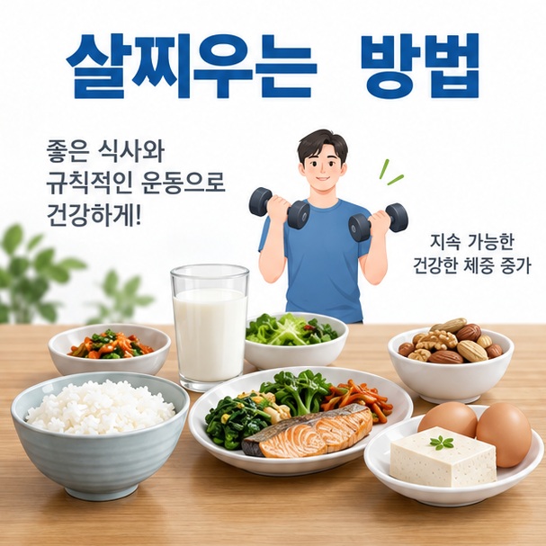 살찌우는 방법이라는 제목과 균형 잡힌 식사, 견과류, 우유와 근력운동을 함께 표현한 대표 이미지