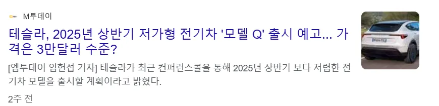 2025년 상반기 테슬라는 저가모델 Q 출시 예정 기사 이미지