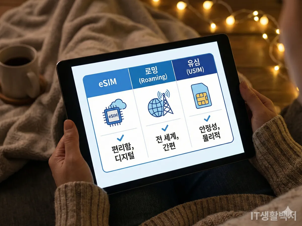 태블릿 화면에 띄워진 eSIM, 로밍, 유심 장단점 비교표