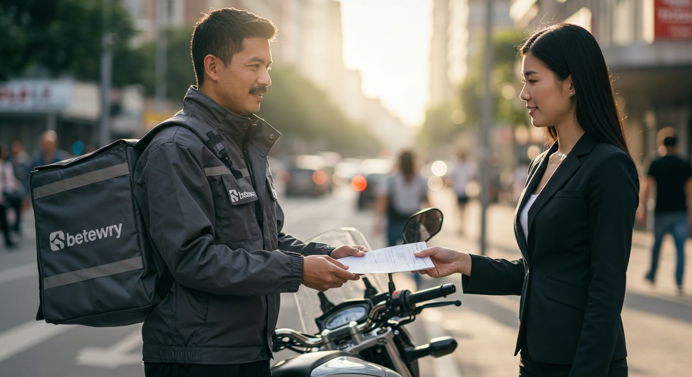 퀵서비스 직원에게 서류를 전달받는 여자 사진