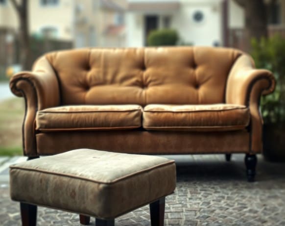 폐기물 수거예정인 오래된 소파와 소파스툴입니다.