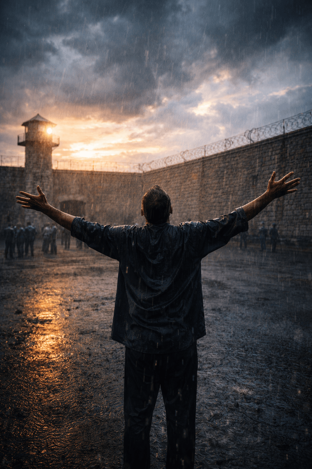 비 내리는 교도소 마당에서 두 팔을 벌린 가상의 인물을 통해서 희망과 자유의 의미를 상징적으로 표현한 이미지