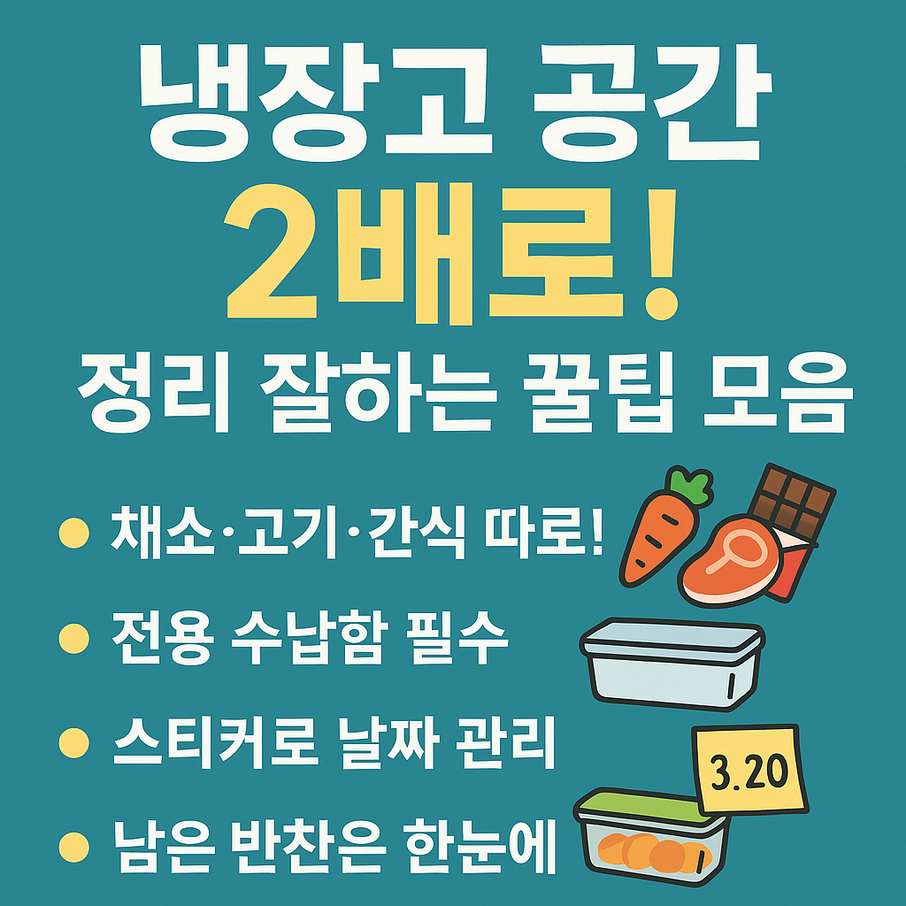 냉장고 공간을 정리하는 꿀팁을 담은 일러스트 이미지