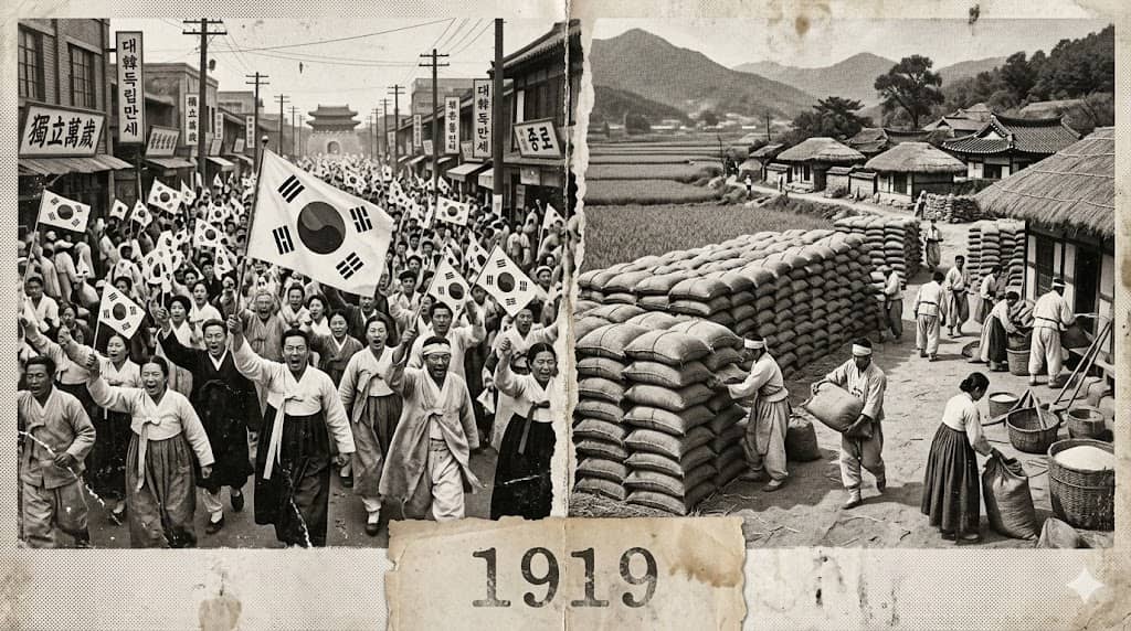 파일명: 1919_march_1st_independence_economic_history_korea.jpg Alt 태그: "1919년 3&middot;1운동 독립선언 탑골공원 역사 사진과 일제강점기 조선 쌀 수탈 경제 자료 흑백 이미지