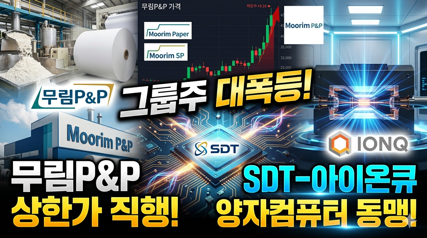 무림P&P 주가 급등 차트와 양자컴퓨터 회로 및 SDT 로고가 결합된 이미지
