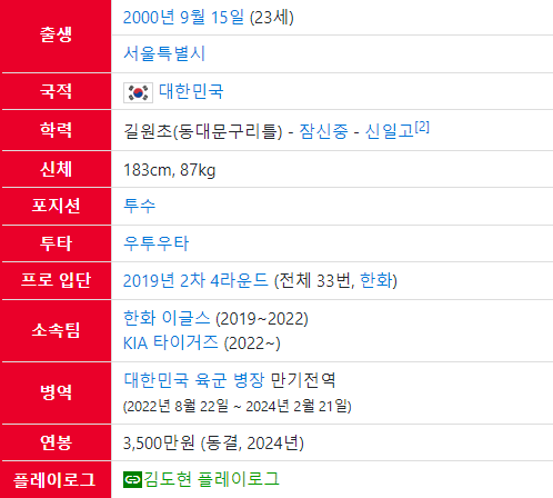야구선수 김도현 프로필