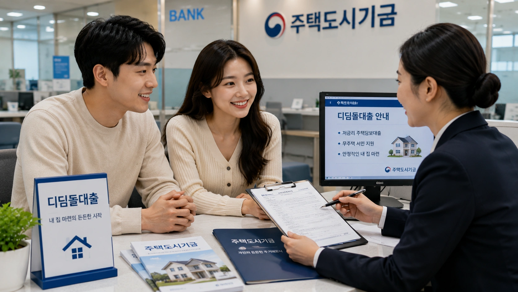 디딤돌대출 상담을 위해 은행에서 대출 상담사와 신청 절차를 안내받는 한국인 신혼부부의 모습