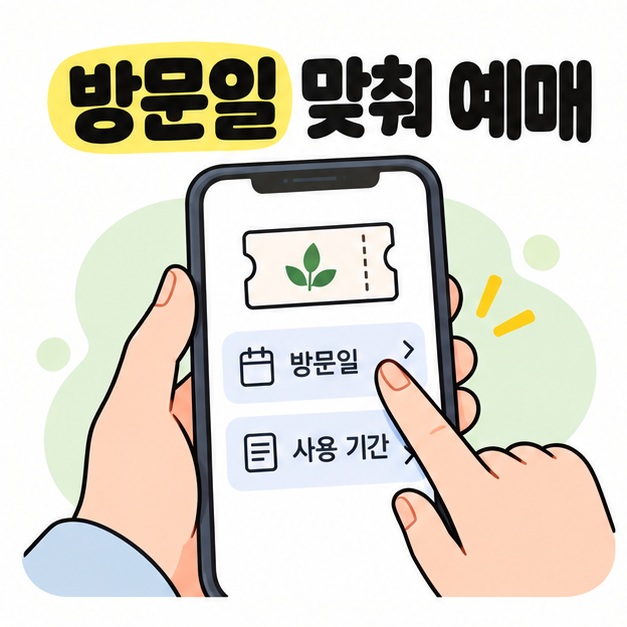 휴대전화 입장권 예매 화면에서 방문일과 사용 기간을 확인하는 모습