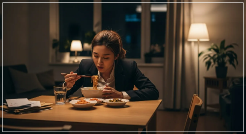 직장 여성이 늦은 귀가 후 옷을 입은 상태로 식탁에서 저녁을 먹고 있는 모습