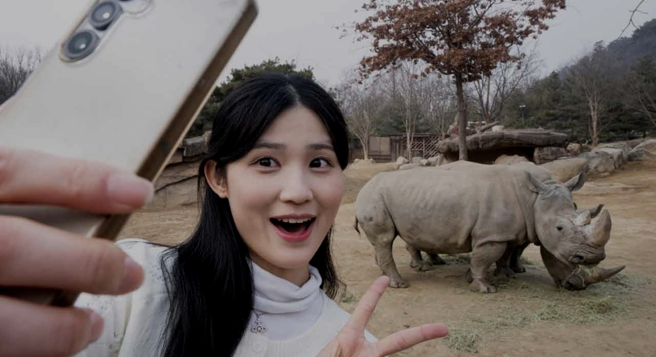 안전 라인 앞에서 코뿔소와 함께 사진을 찍는 모습. [ⓒ삼성물산 공식 홈페이지]