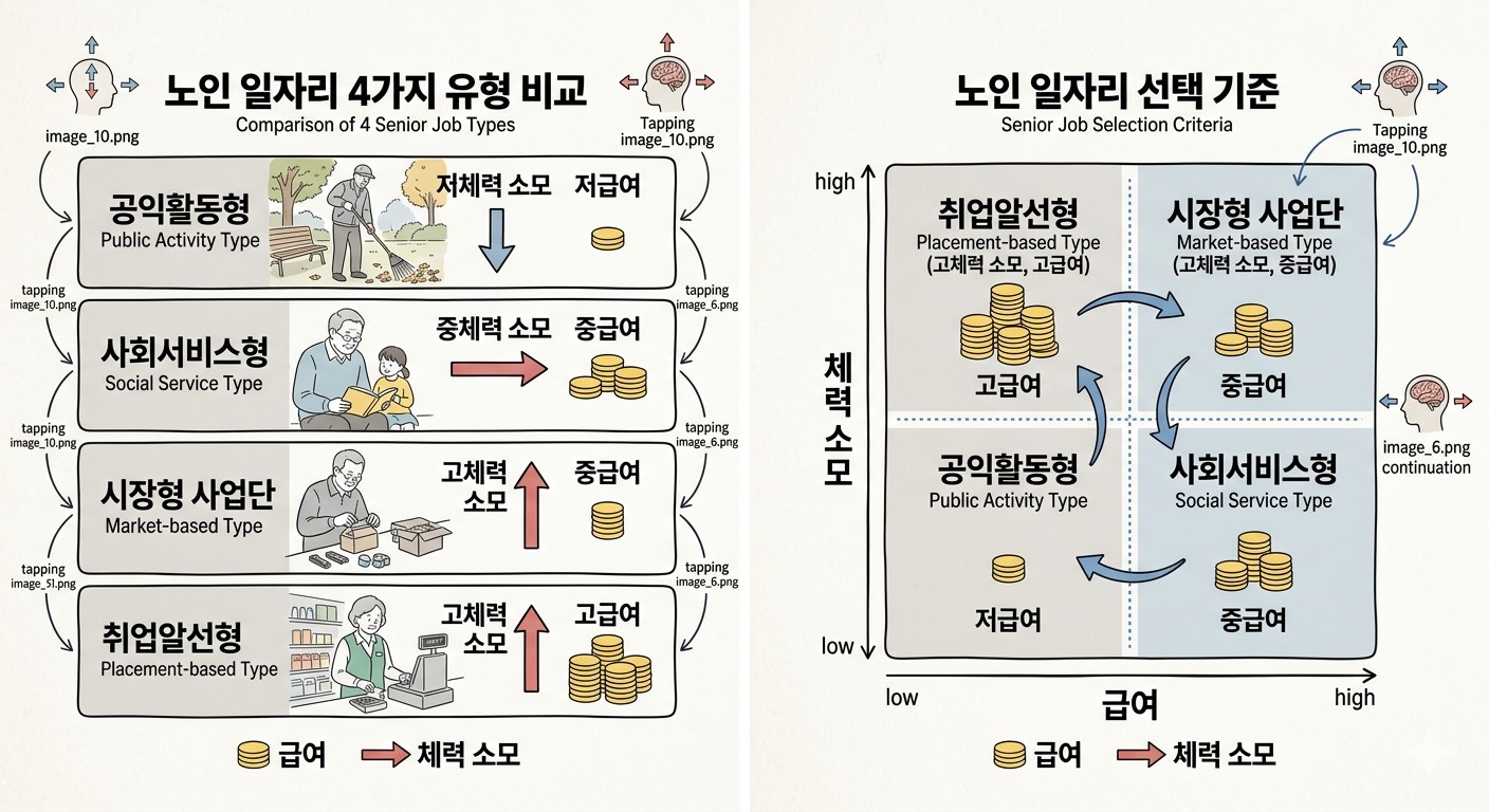 - 노인 일자리 4가지 유형 비교: 왼쪽의 유형별 단면도를 보시면, 유형별로 급여(황색 동전)와 체력 소모(적색 화살표)의 정도를 비교했습니다. '시장형 사업단'과 '취업알선형'은 체력 소모가 높지만 급여가 높고, '공익활동형'과 '사회서비스형'은 체력 소모가 비교적 낮지만 급여가 낮은 것을 확인할 수 있습니다.

- 노인 일자리 선택 기준: 오른쪽의 유형별 단면도를 보시면, 체력 상태(낮음-높음 블루 화살표)와 급여(낮음-높음 황색 화살표)를 기준으로 일자리를 선택하는 기준을 직관적으로 보여줍니다. 체력 상태가 낮은 사람은 공익활동형이나 사회서비스형을 선택하는 것이 좋고, 체력 상태가 높은 사람은 시장형 사업단이나 취업알선형을 선택하는 것이 좋습니다.
이미지 출처: Gemini AI 생성
