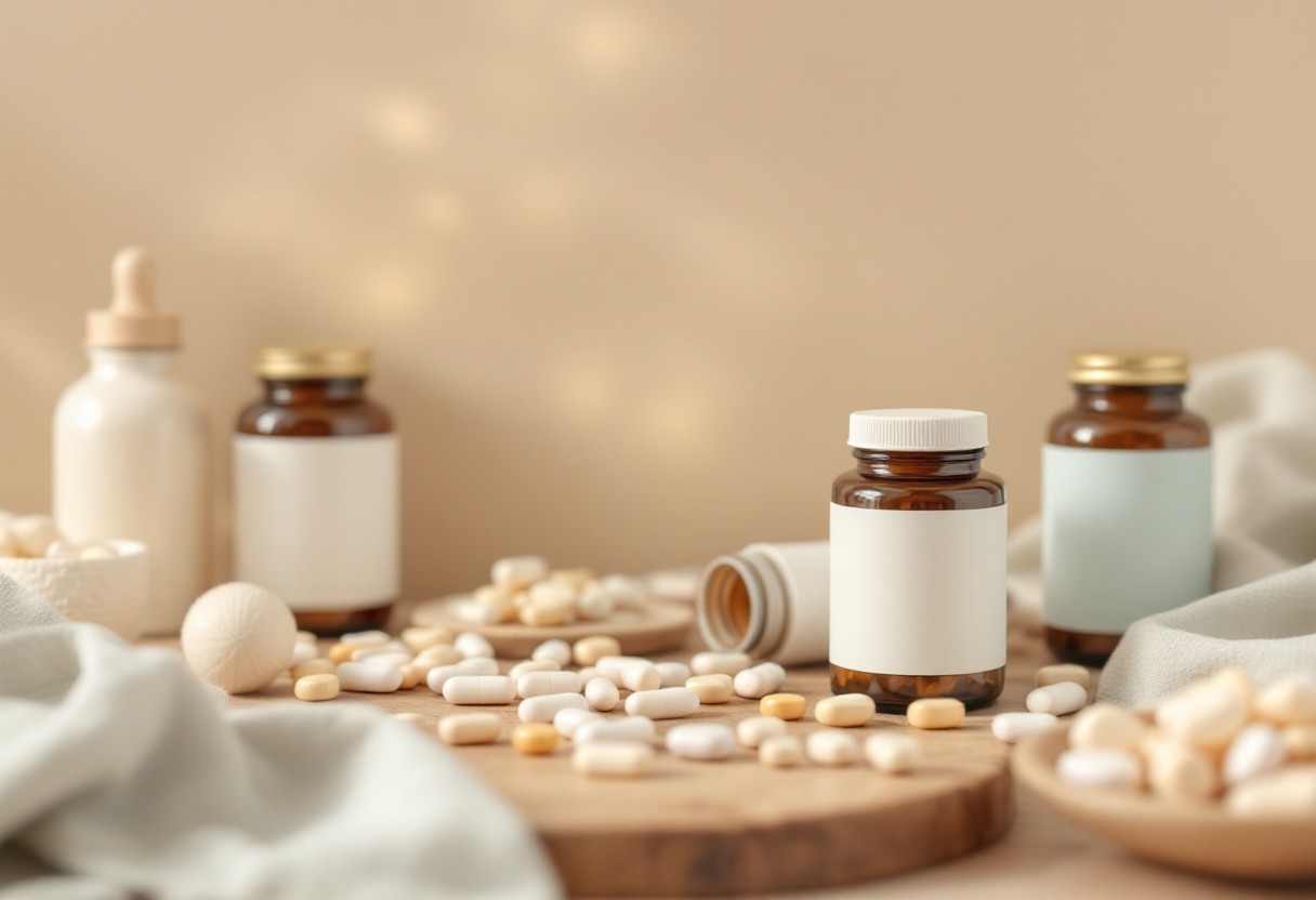 따뜻한 색감의 배경에 다양한 영양제 병과 알약들이 놓여 있는 모습