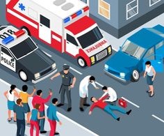 교통사고로-사람이-쓰러져있고-경찰과-119구급대가-출동하여-환자를-살펴보는-모습