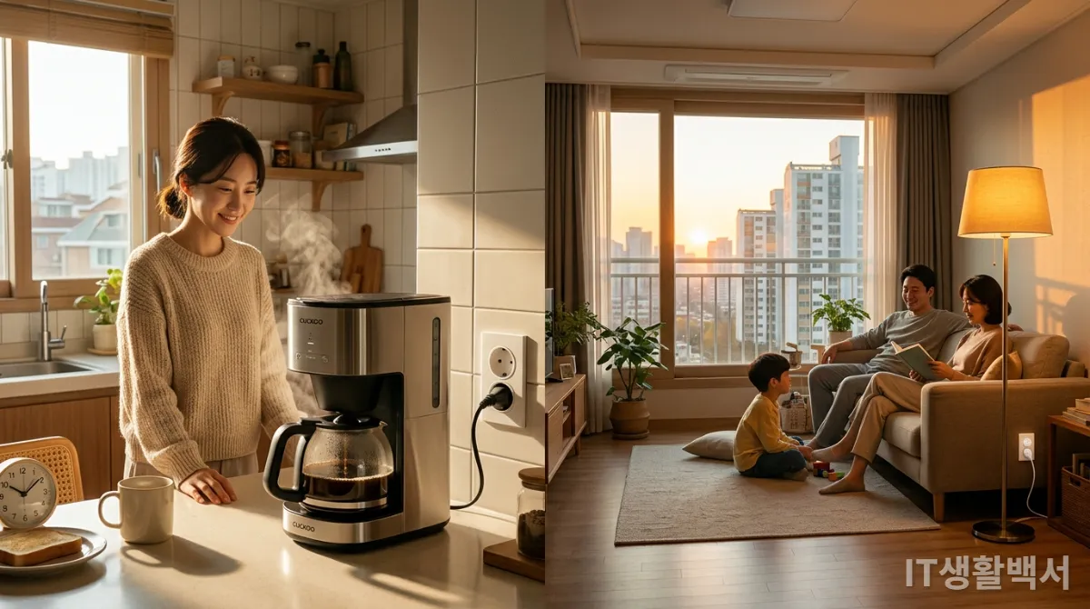 스마트 플러그로 자동화된 모닝 커피와 저녁 조명 장면