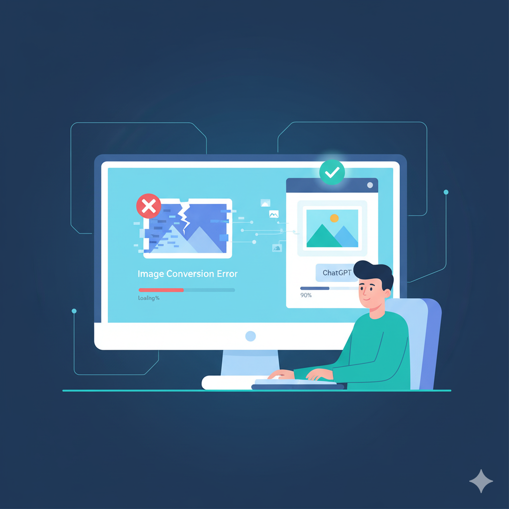 챗GPT에서 이미지 변환 오류가 발생했지만 문제를 해결해 성공적으로 업로드하는 장면을 표현한 일러스트. 모니터에는 오류 메시지와 성공 표시가 함께 표시되어 있음.