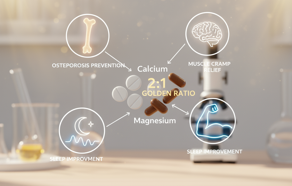 칼슘과 마그네슘의 황금비율 2:1 — 골다공증 예방, 근육 경련 완화, 수면 개선, 근육 이완 효과 인포그래픽