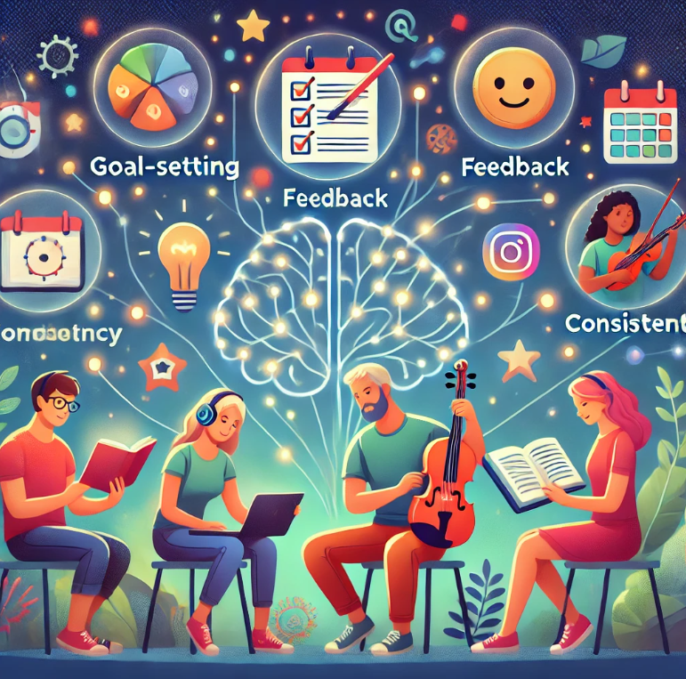 성인을 위한 효과적인 학습 요령을 보여주는 그림입니다. 목표 설정, 피드백 및 일관성을 위한 동기 부여 아이콘으로 둘러싸인 읽기, 음악 연습, 기술 사용과 같은 활동에 참여하는 다양한 학습자를 보여줍니다.