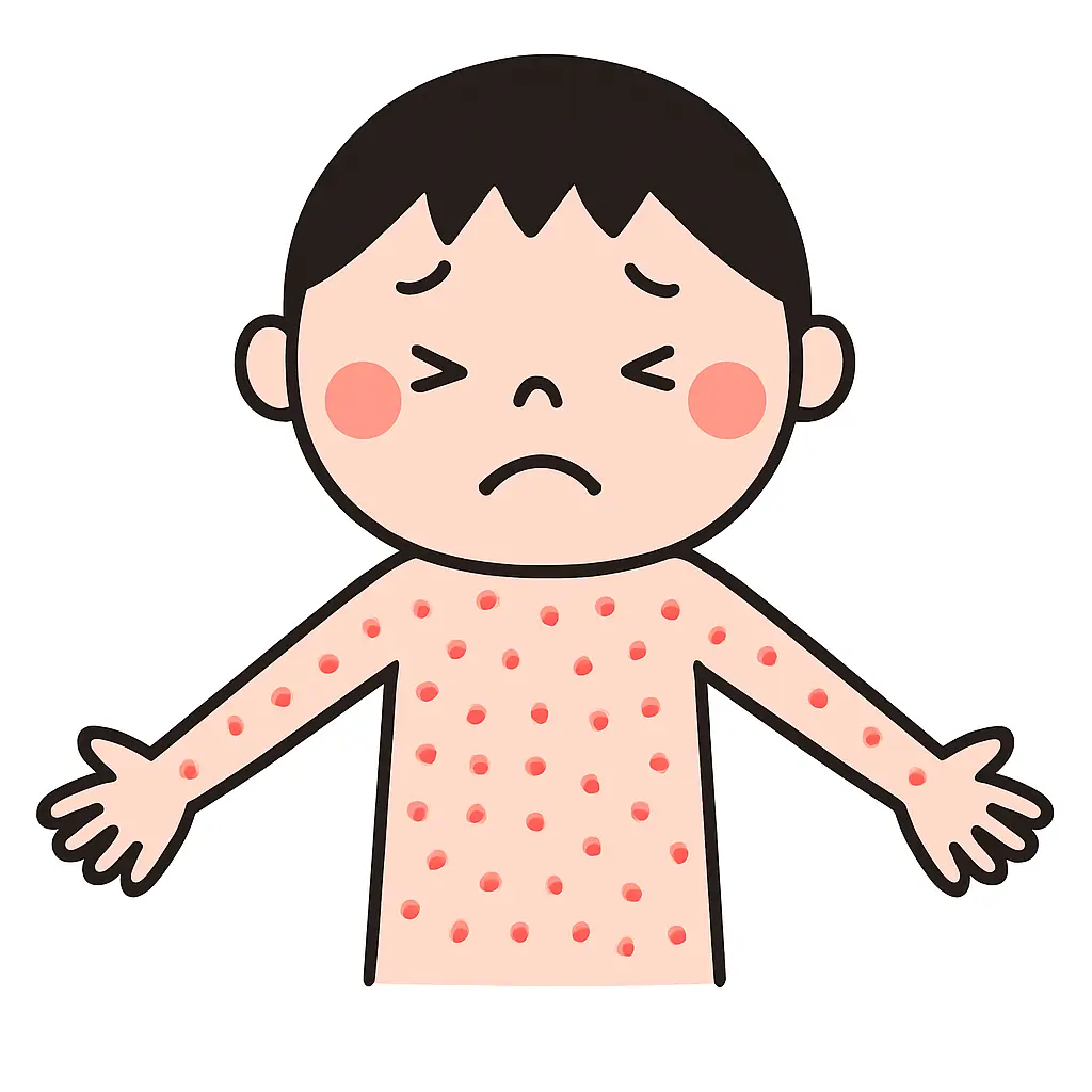 몸통 중심으로 붉고 미세한 오돌토돌한 사포 질감 발진이 생깁니다