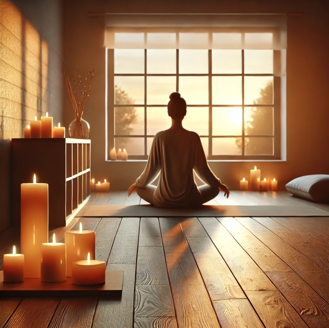 따뜻한 촛불과 아침 햇살이 조화를 이루며 평온한 느낌을 주는 분위기의 명상 장면