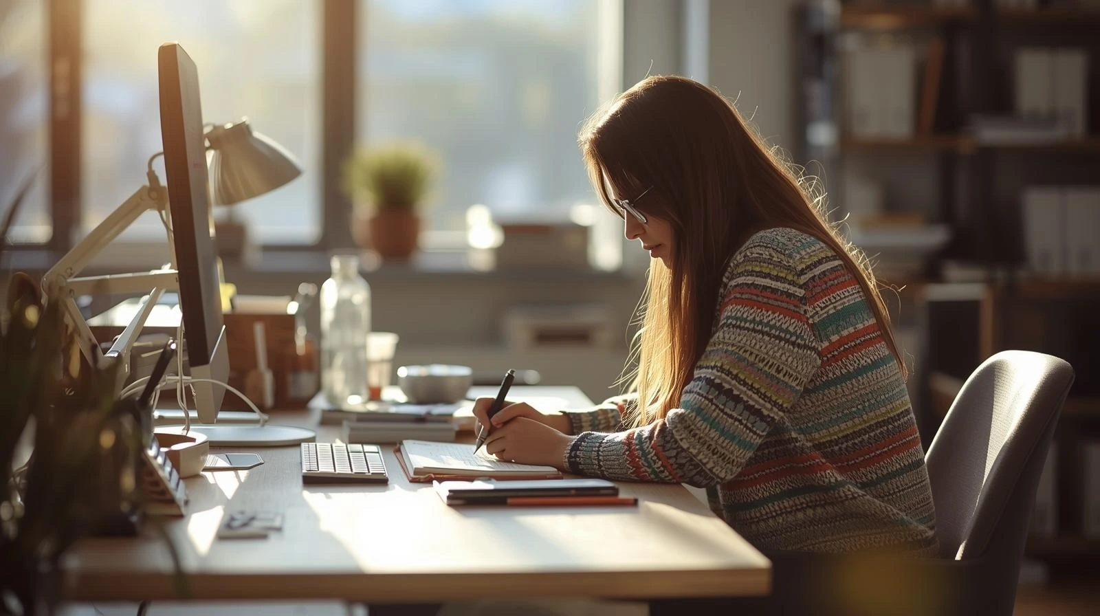 노트에 감정을 기록하는 직장인, 스마트폰을 내려놓은 모습