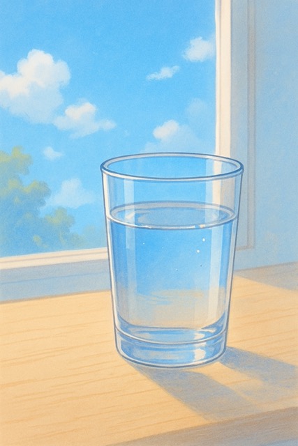 아침 햇살을 배경으로 깨끗한 유리컵에 담긴 미지근한 물(출처: 자체제작)