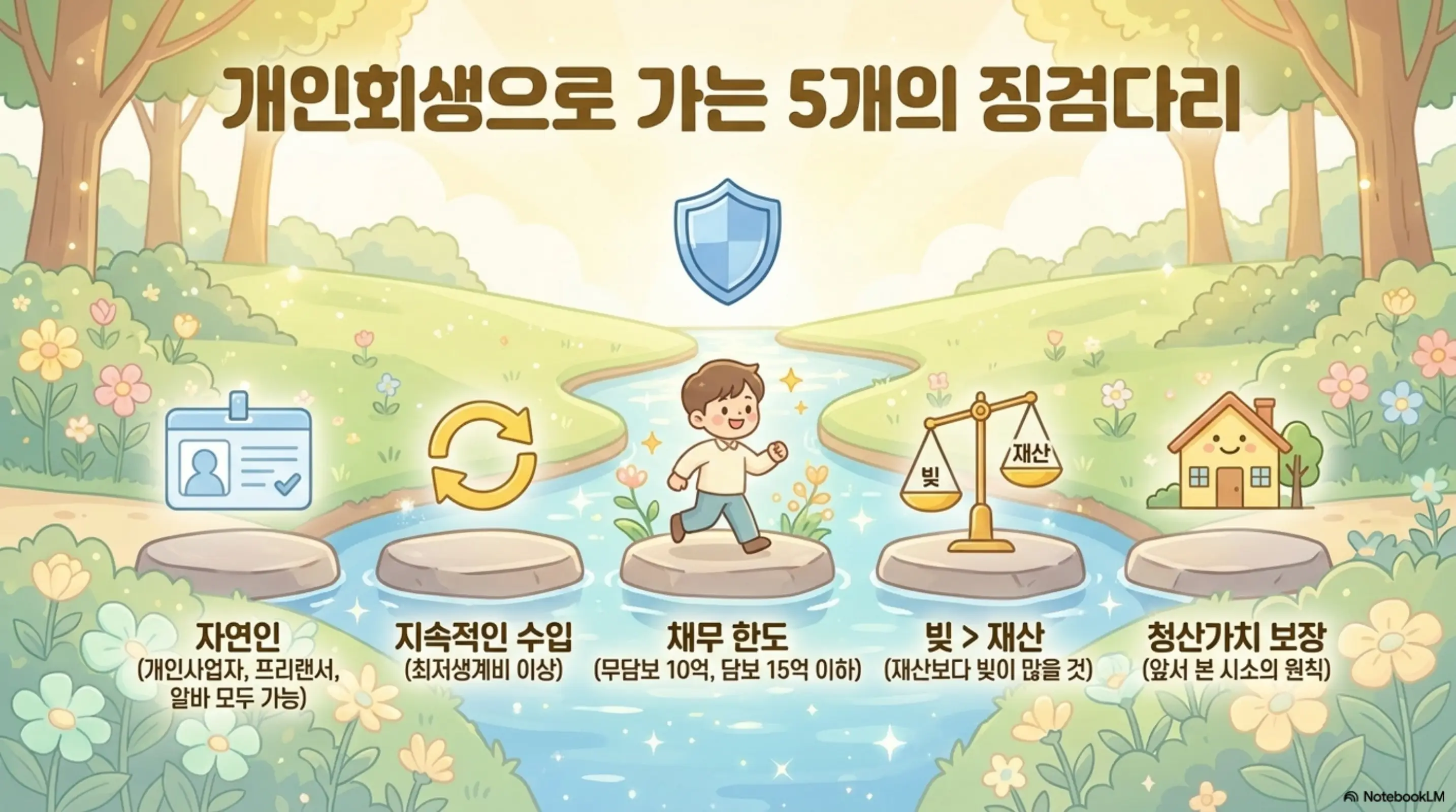 개인회생 vs 개인파산: 개인회생으로 가는 5개의 징검다리. 자연인 여부&amp;#44; 지속적인 수입&amp;#44; 채무 한도(무담보 10억&middot;담보 15억 이하)&amp;#44; 빚이 재산보다 많을 것&amp;#44; 청산가치 보장 등 개인회생 신청 조건 5가지 자격요건을 징검다리 그래픽으로 정리한 인포그래픽 이미지 