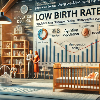 저출산율을 나타내는 그래프가 있는 전광판 앞에 임신한 여성과 넥타이를 맨 남성이 서로를 바로 보며 서있다.