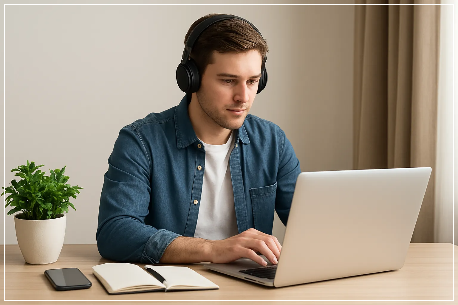 자연광 아래 깔끔한 책상 위에서 노트북을 사용하는 젊은 남성