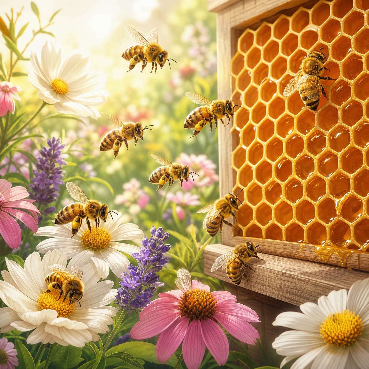 Bees collecting nectar from flowers near a honeycomb