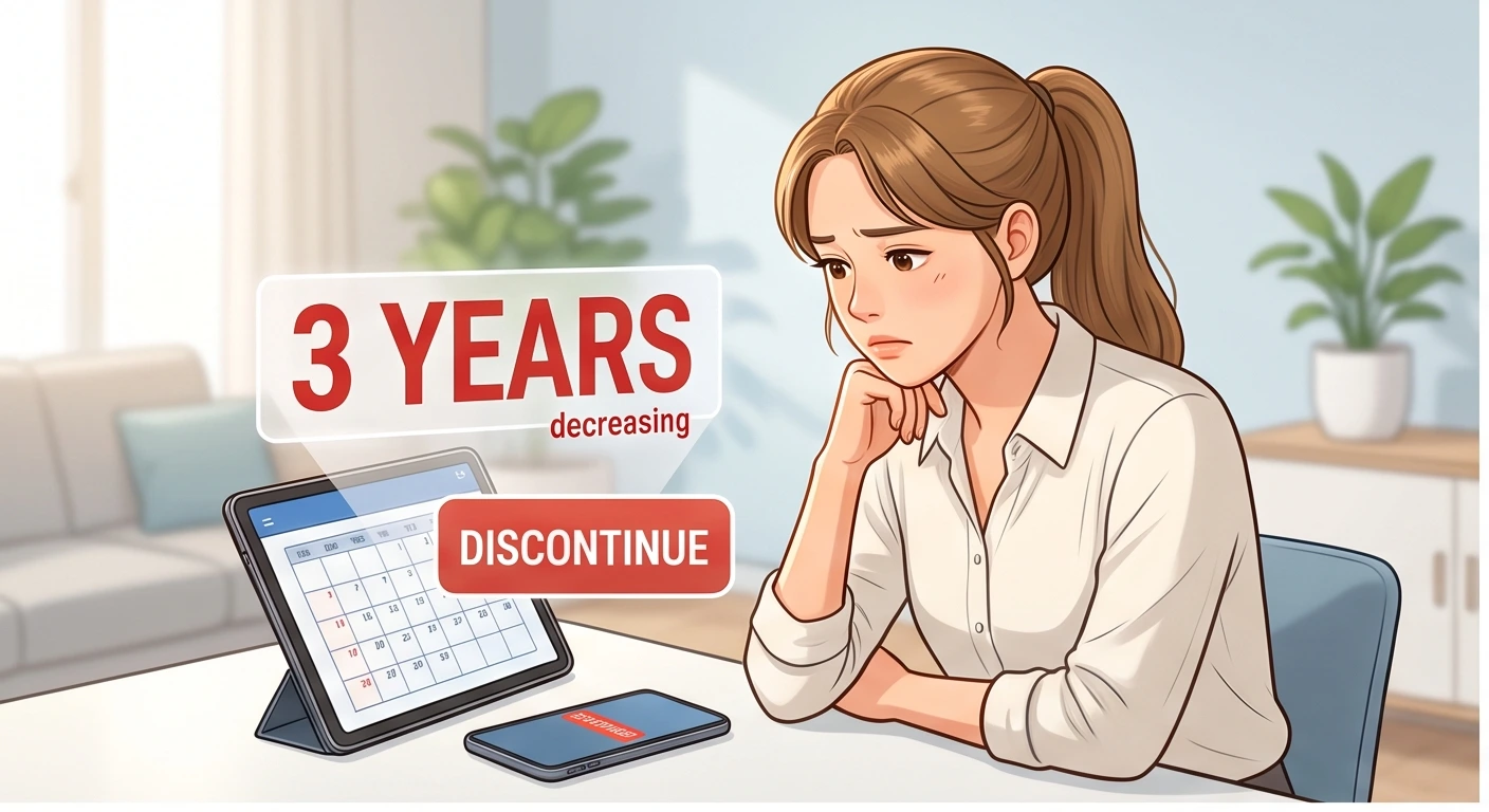 태블릿 화면의 참여 중단 버튼과 3년 재참여 제한 문구를 보며 고민하는 구직자