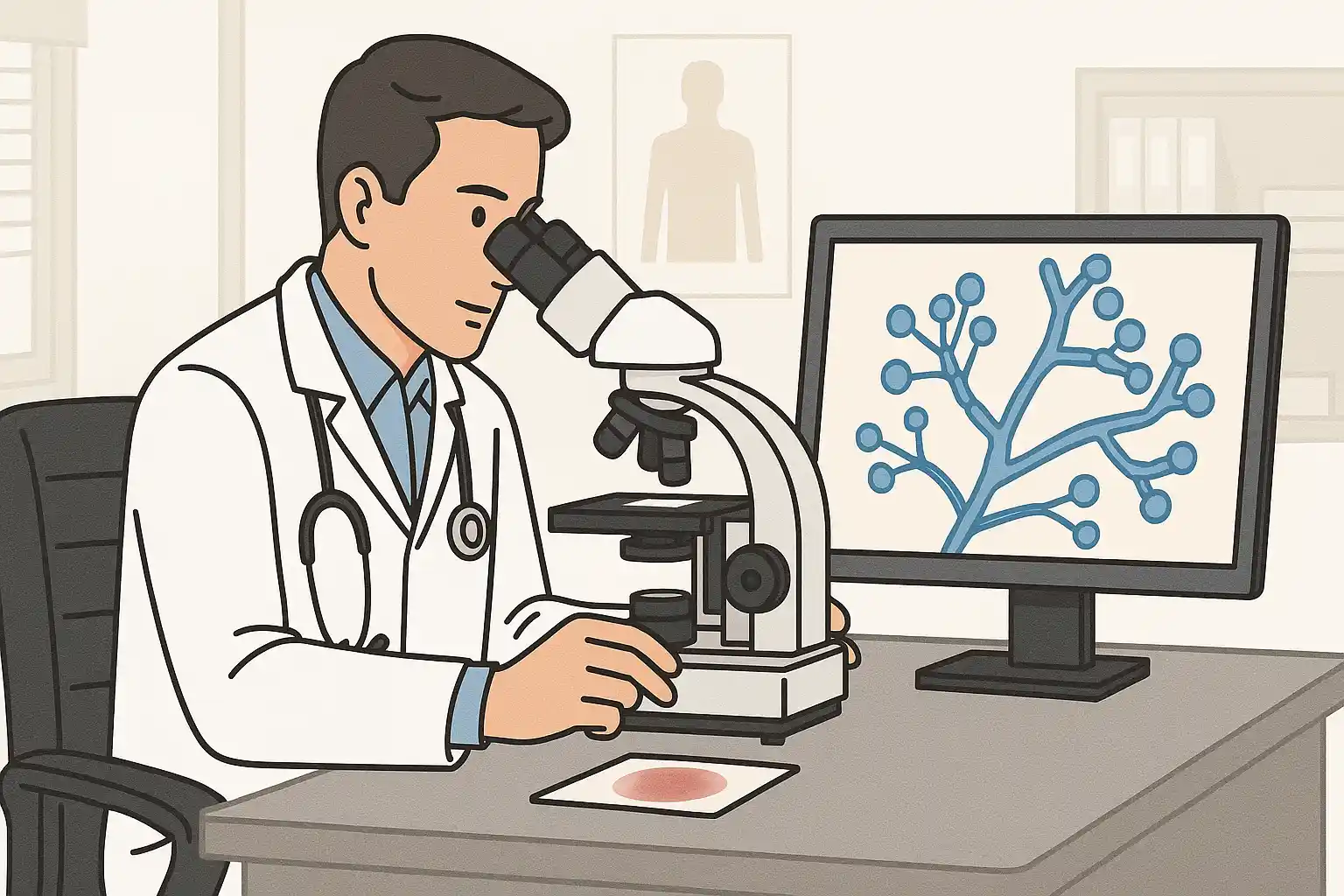 의사가 현미경으로 피부 표본(KOH 검사)을 확인하는 장면